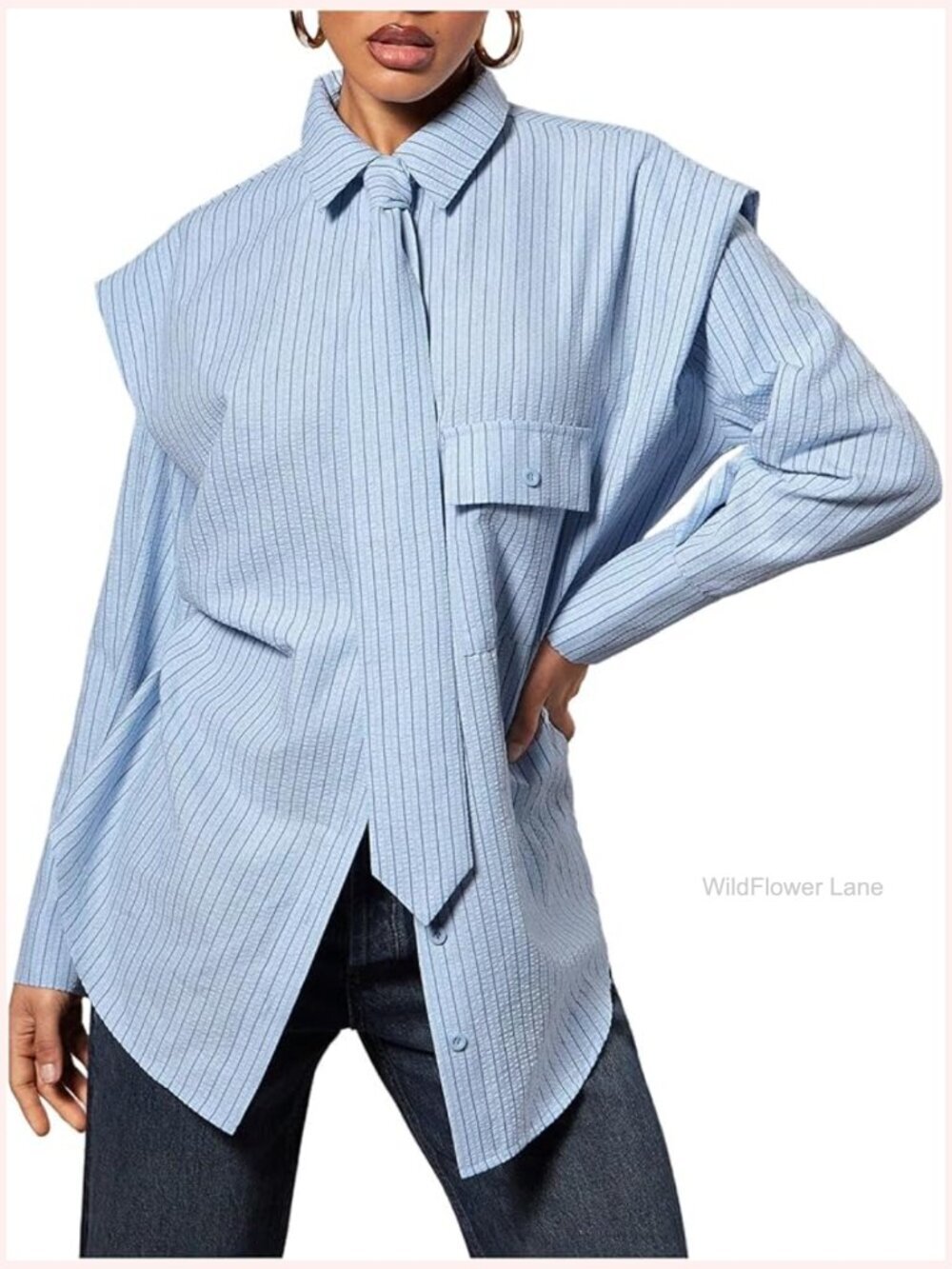 Long Sleeve Button Down Oversized Shirt with Tie Office Top
